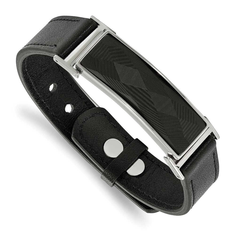 Kazi Luxury Stainless Steel Polished Leather w/Carbon Fiber Inlay Adj. 7-9.25in